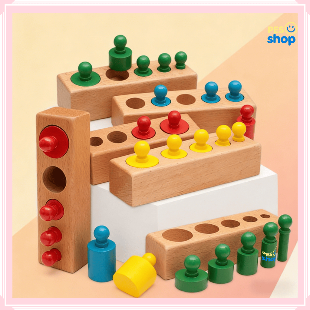 Montessori ซ็อกเก็ตทรงกระบอกไม้ช่วยสอนเด็ก Sensory การฝึกอบรมของเล่นเพื่อการศึกษา Multi-Size สีสันทรงกระบอกจับคู่การออกกําลังกาย Hand-Eye การประสานงานและขนาดความรู้ความเข้าใจมุมกลมเรียบ