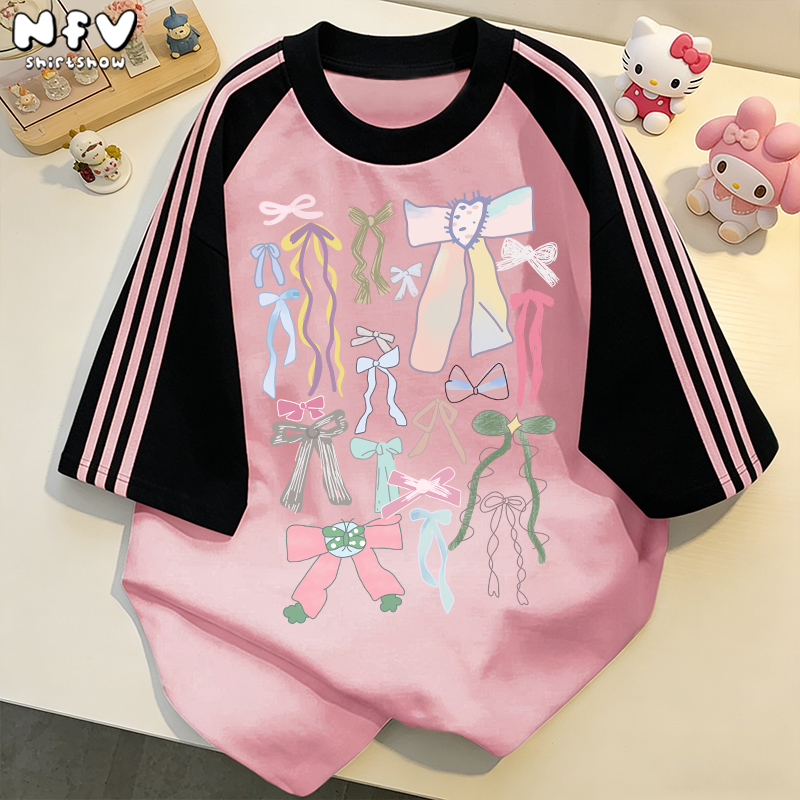 NFVใ หม่ล่าสุด✨ลายพิมพ์โบว์สีชมพู เสื้อยืดผู้หญิงoversized ผ้าฝ้ายแท้ ระบายอากาศ YG787 ราคา ถูกที่สุด ดีลบีเคเค แกลเลอรีภาพที่ 5