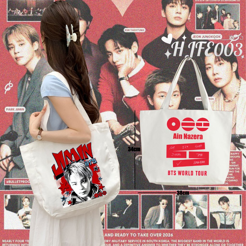 BTS BRU KOMBALI JIN SUGA JH JM JK TY RM BT21 Tote Bag Simple ไหล่พกพากระเป๋าผ้าใบความจุสูง 022