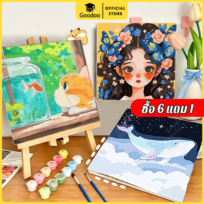 ระบายสีตามตัวเลข 20*20 ซม มีสี+พู่กัน ภาพวาดตกแต่งอะคริลิค วาดภาพสีน้ำมันดิจิตอล ของขวัญ DIY