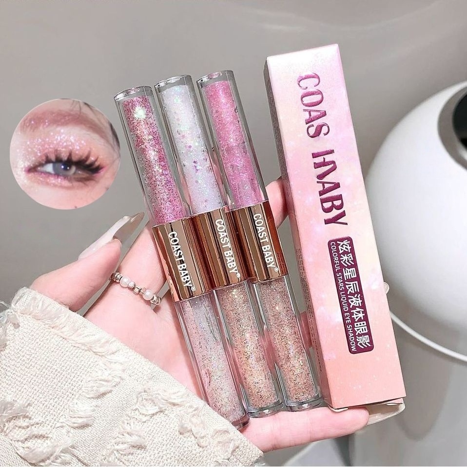 อายแชโดว์เนื้อลิควิดสองด้าน ผสมกลิตเตอร์มุก ไฮไลเตอร์ และเม็ดสีแน่น，สำหรับผู้เริ่มต้น ราคาไม่แพง