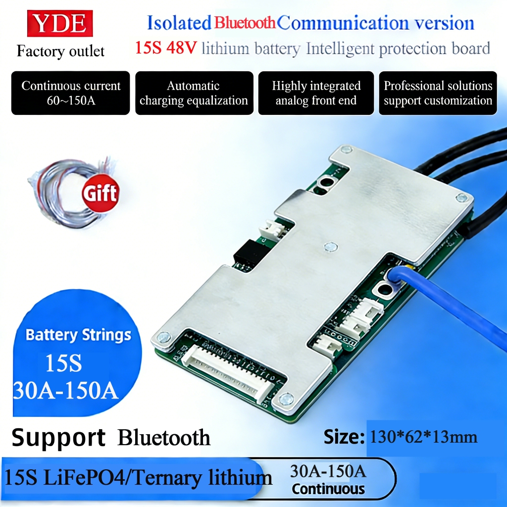 แผง BMS อัจฉริยะ Yde 15S 48V 30A 60A 100A 150A พร้อมฟังก์ชัน Bluetooth สำหรับการตรวจสอบแบตเตอรี่ลิเธียมสามธาตุ/เหล็กฟอสเฟต (LiFePO4) แบบเรียลไทม์