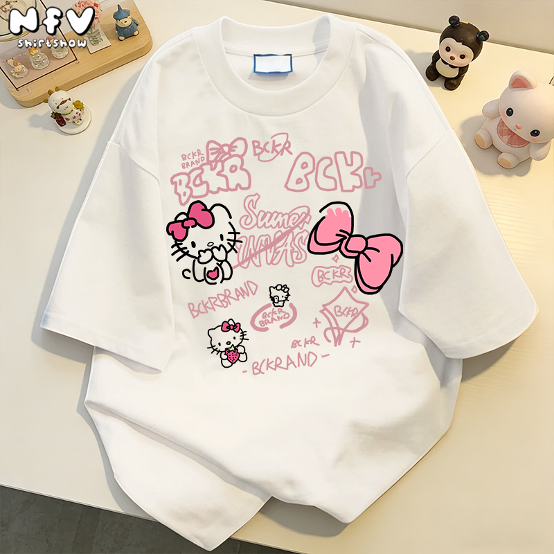 NFV เสื้อยืดแฟชั่นสไตล์เกาหลี ผ้าฝ้าย 100% ลายแมว แขนสั้น โอเวอร์ไซซ์ เนื้อนุ่ม ใส่แล้วดูผอม YG1351