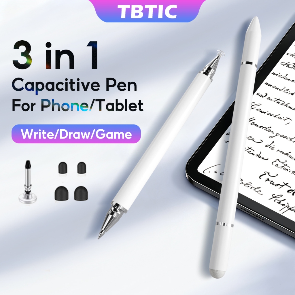 TBTIC ปากกาสไตลัส 3in1 หัวคู่ สากล ใช้กับ iPad Android แท็บเล็ตทุกยี่ห้อ จอสัมผัส เขียน-วาดภาพ