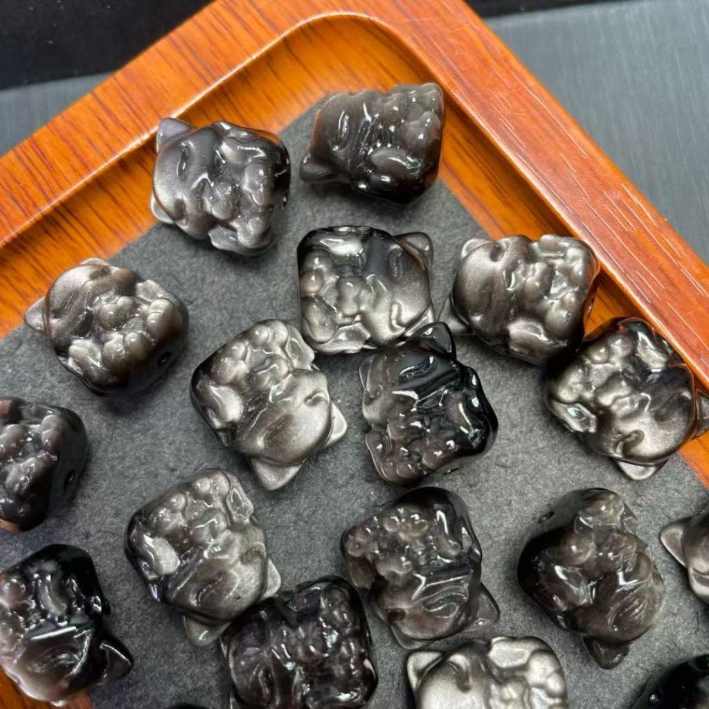 เงินธรรมชาติ Obsidian Nine-Tailed Fox ประมาณ 14 มม.Top Lower Through-Hole แกะสลักชิ้นเครื่องประดับน่ารัก diy Lucky อุปกรณ์เสริม Simple All-Match ของขวัญ