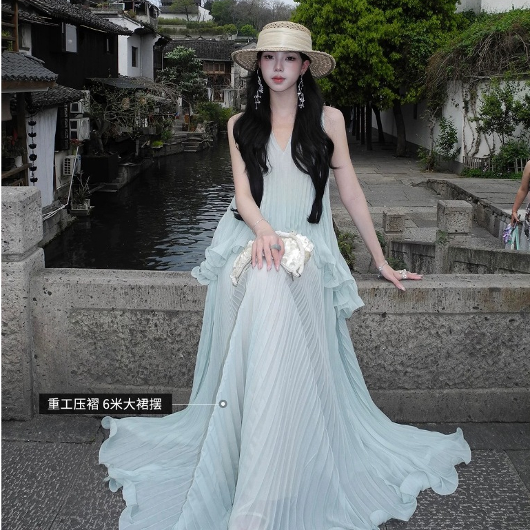 กระโปรงชีฟองยาว สไตล์เกาหลี แขนกุด คอวี สีบริสุทธิ์ ใส่ง่ายในวันหยุดหรือท่องเที่ยว
