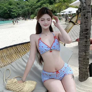 เชอร์รี่บิกินี่สามชิ้น สีฟ้าสำหรับสวมใส่ที่ชายหาดKJS210