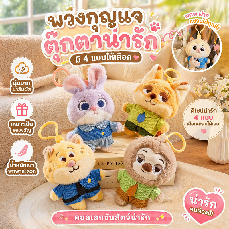 Zootopia พวงกุญแจตุ๊กตาน่ารัก – Nick Fox Judy Bunny Sloth Flash & Leopard Donut