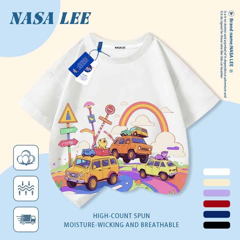 [จัดส่งในวันเดียวกัน] นาซ่า เด็กสีขาวผ้าฝ้ายแท้ระบายอากาศเสื้อยืดสายรุ้งถนนรถอินเทรนด์การพิมพ์ 3-16 ปีชายหญิงลําลองแขนสั