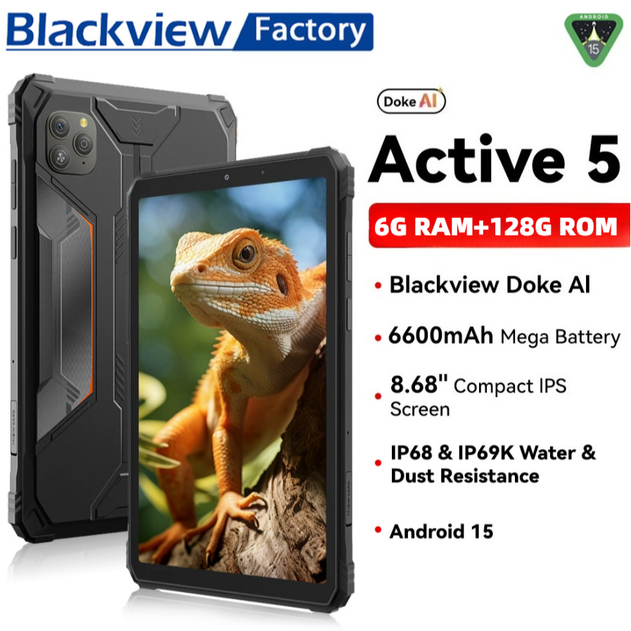 2025 Blackview Active 5 8.688 แท็บเล็ตพีซีที่ทนทาน Unisoc T615 Octa Core 6GB + 128GB สมาร์ทโฟนโทรศัพท์ 6600mAh แท็บเล็ต Android 15