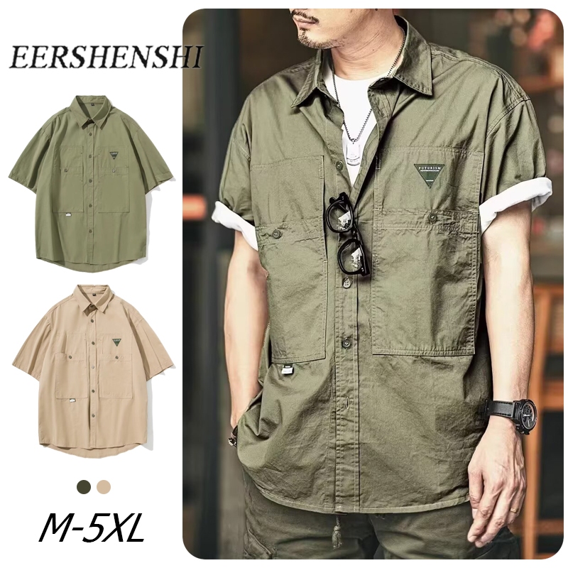 EERSHENSHI American Workwear Short Sleeve Shirt For Men, Summer Casual Outdoor Commuting