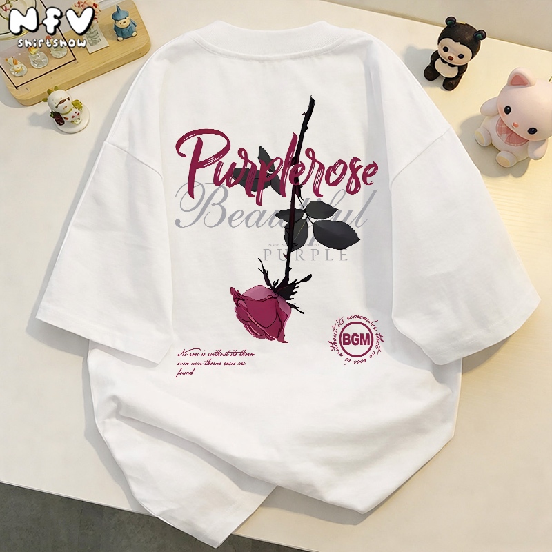 NFV เสื้อยืดแขนสั้นสไตล์อเมริกัน ลายสกรีนดอกกุหลาบ YG877