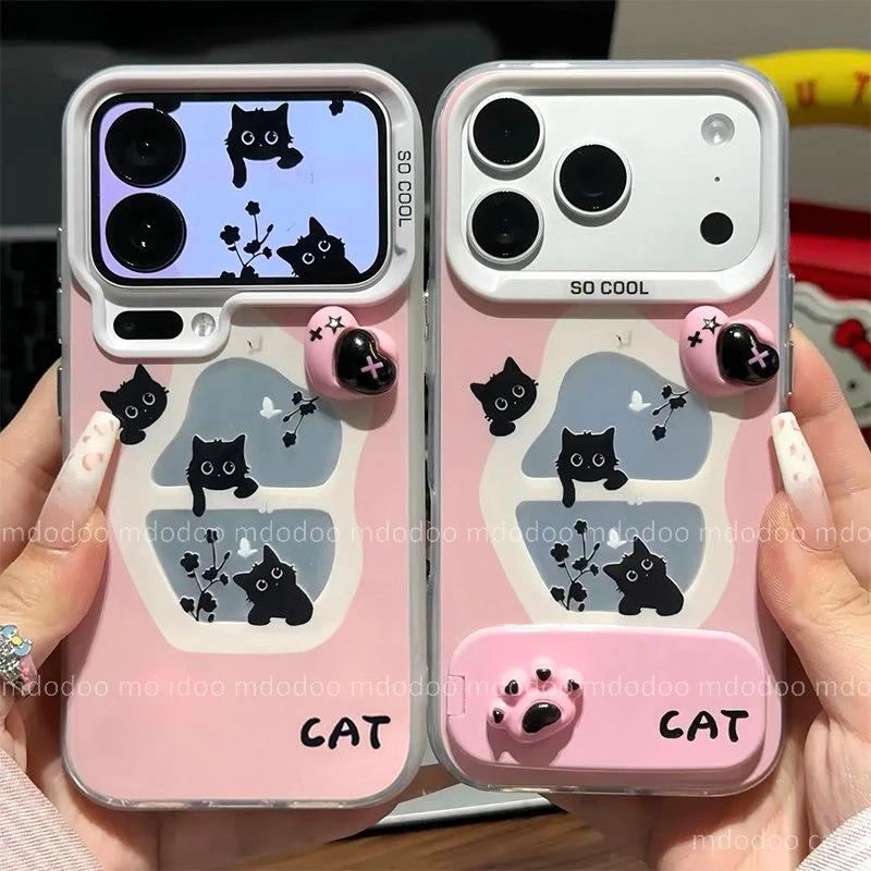IMD Hard เคส for VIVO V70 V60 V50 V40 Lite V40E V30E V29E V27E S1 V30 Pro V29 V27 V25 5G V25E V23E V23 V20 V21E 4G Y200 Y100 X100 X90S X90 X80 Y78 Y27 Y36 S12 Korean-style Cartoon Cute Pink 3D Cat Paw Heart Makeup Mirror Stand Phone Case YKC 119