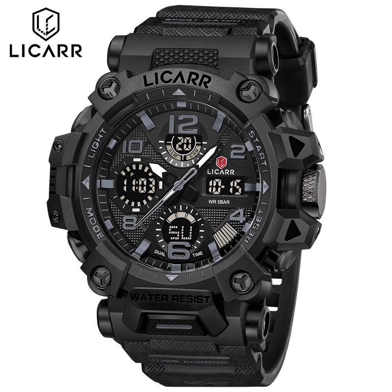 LICARR Dual Display แฟชั่นนาฬิกาผู้ชายนาฬิกาปลุกปฏิทิน Luminous นาฬิกาจับเวลากันกระแทก 9545