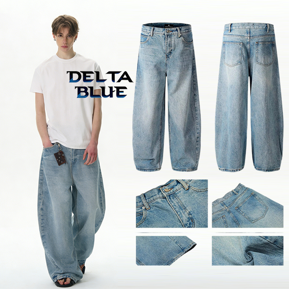 DELTA BLUE กางเกงยีนส์ขากว้างผู้ชาย ทรงลูกโป่งสีฟ้าอ่อนฟอกวินเทจ ทรงโค้งกว้าง ผ้ายีนส์นุ่ม สไตล์สตรีทคลีนฟิต ยีนส์ผู้ชายอเมริกันย้อนยุคหลวมสบายๆคุณภาพสูง สไตล์เป็นกลาง