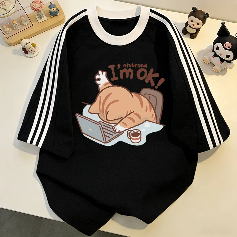 NFV สไตล์เกาหลี✨เสื้อยืด oversize ลายแมวน่ารัก แฟชั่นผู้หญิง ใส่สบาย ระบายอากาศ ผ้าแห้งเร็ว YG1413