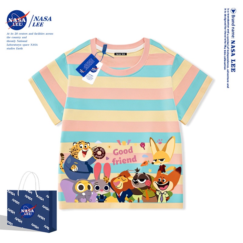 เสื้อยืดเด็ก NASA LEE ลายทางสีพาสเทล ตัวการ์ตูน Zootopia ครบทุกตัว | Good Friend ผ้า Cotton นุ่มสบาย ใส่เที่ยว (หลายสี)