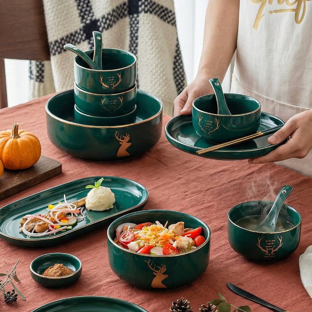 HongDian ชามเซรามิก ceramic porcelain bowl tableware ดีไซน์ขอบทอง ชามสีเขียวเข้ม สไตล์นอร์ดิก ใช้เป็นชามข้าวและชามซุป เหมาะสำหรับโต๊ะอาหารหรูหรา ใช้กับไมโครเวฟได้ ทนความร้อนสูง เข้าเตาอบและเครื่องล้างจานได้ ชามเซรามิกดีไซน์ประณีต สีไม่ซีดจาง แข็งแรงทนทาน