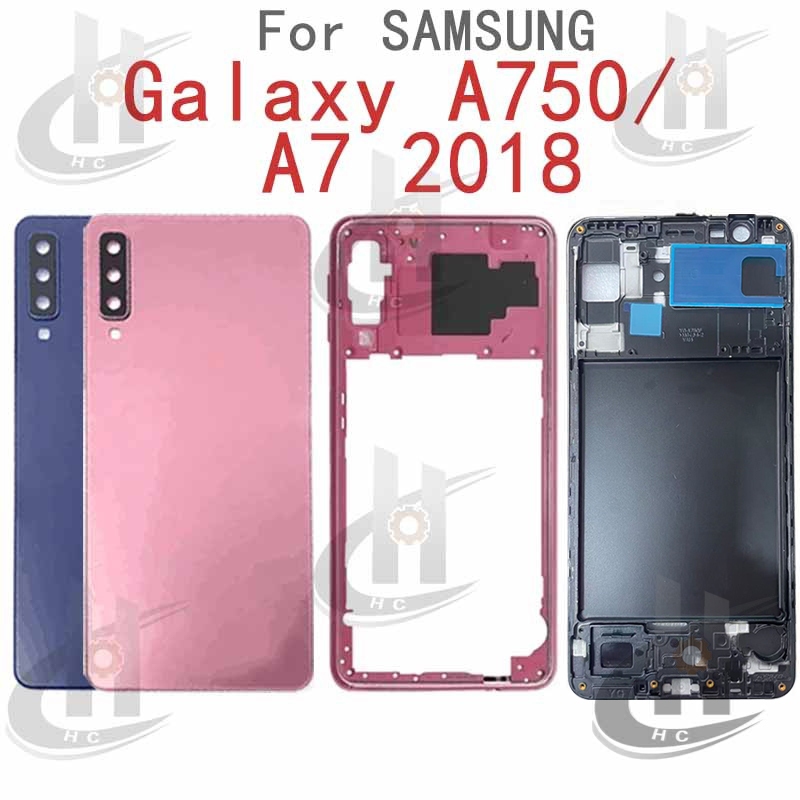 สําหรับ Samsung Galaxy A750 A7 2018 แบตเตอรี่ฝาหลังกรอบกลาง + ปุ่ม + กรอบด้านหน้า LCD + เลนส์กรอบกล้อง