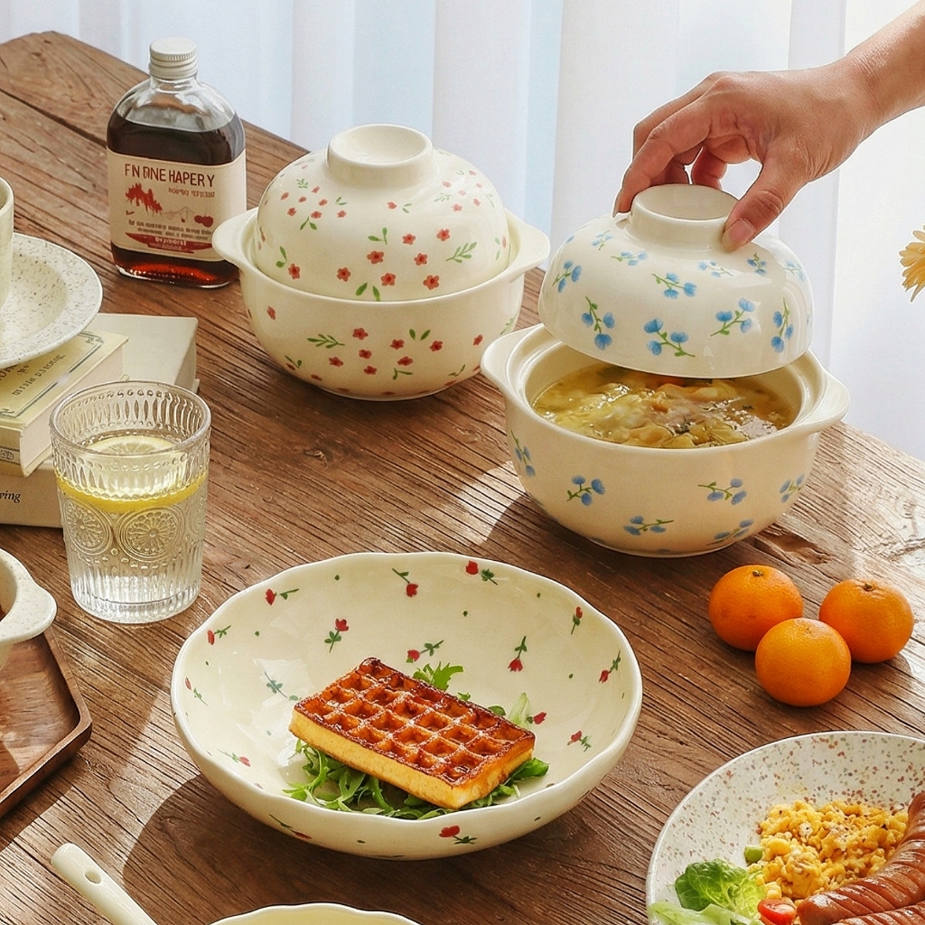 HongDian ชามเซรามิก ceramic porcelain bowl tableware พร้อมฝา ลายดอกไม้สีแดงขนาดเล็ก ใช้เป็นชามซุปหรือชามข้าวได้ เข้าไมโครเวฟและเตาอบได้ ทนความร้อนสูง ใช้กับเครื่องล้างจานได้ เก็บความร้อนได้ดี ป้องกันความชื้นและฝุ่น ดีไซน์น่ารัก เหมาะสำหรับใส่บะหมี่หรือซุป