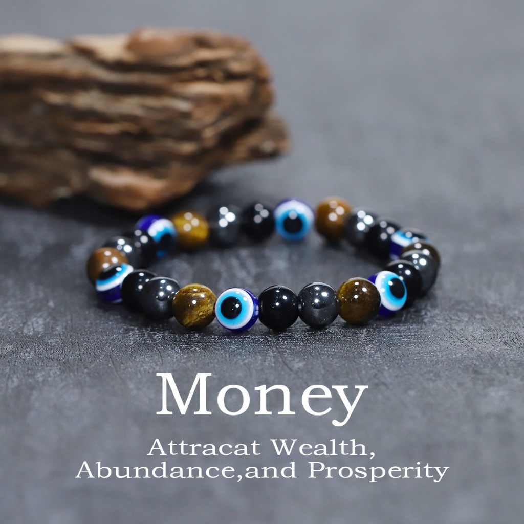 สัญลักษณ์เงิน 8 มม.Devils Eye ลูกปัดหินสร้อยข้อมือ Handmade กําไลข้อมือ Unisex เครื่องประดับ