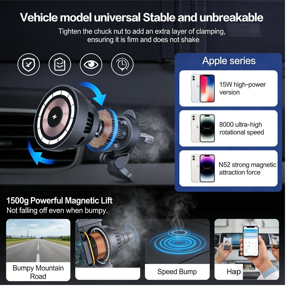 2026 ขายร้อนใน SEA15W Magnetic Car Wireless Charger Holder | ชาร์จเร็ว + พัดลมระบายความร้อน + แม่เหล็กแรง