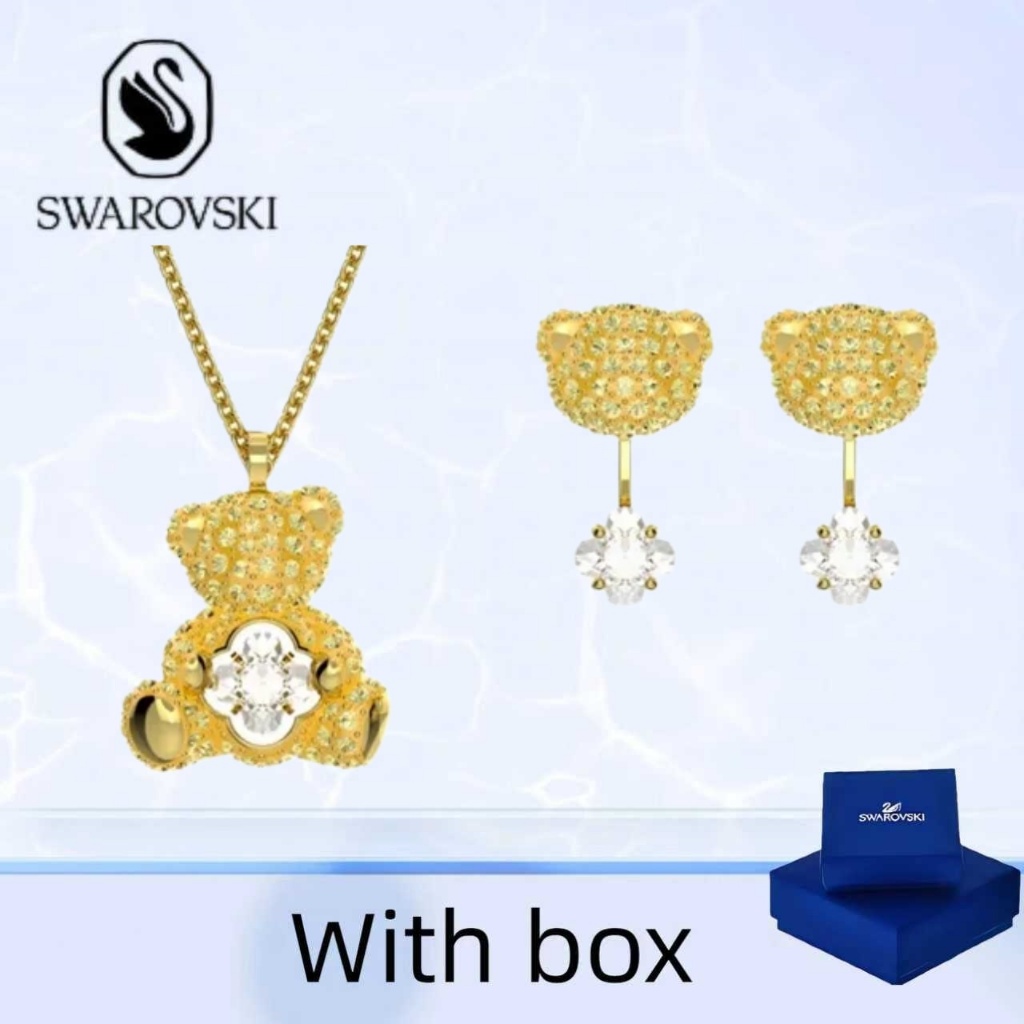Swarovski (พร้อมกล่อง) ซื้อสร้อยคอเครื่องประดับเงินแท้ Swarovski Teddy Lucky Bear Necklace Earring S