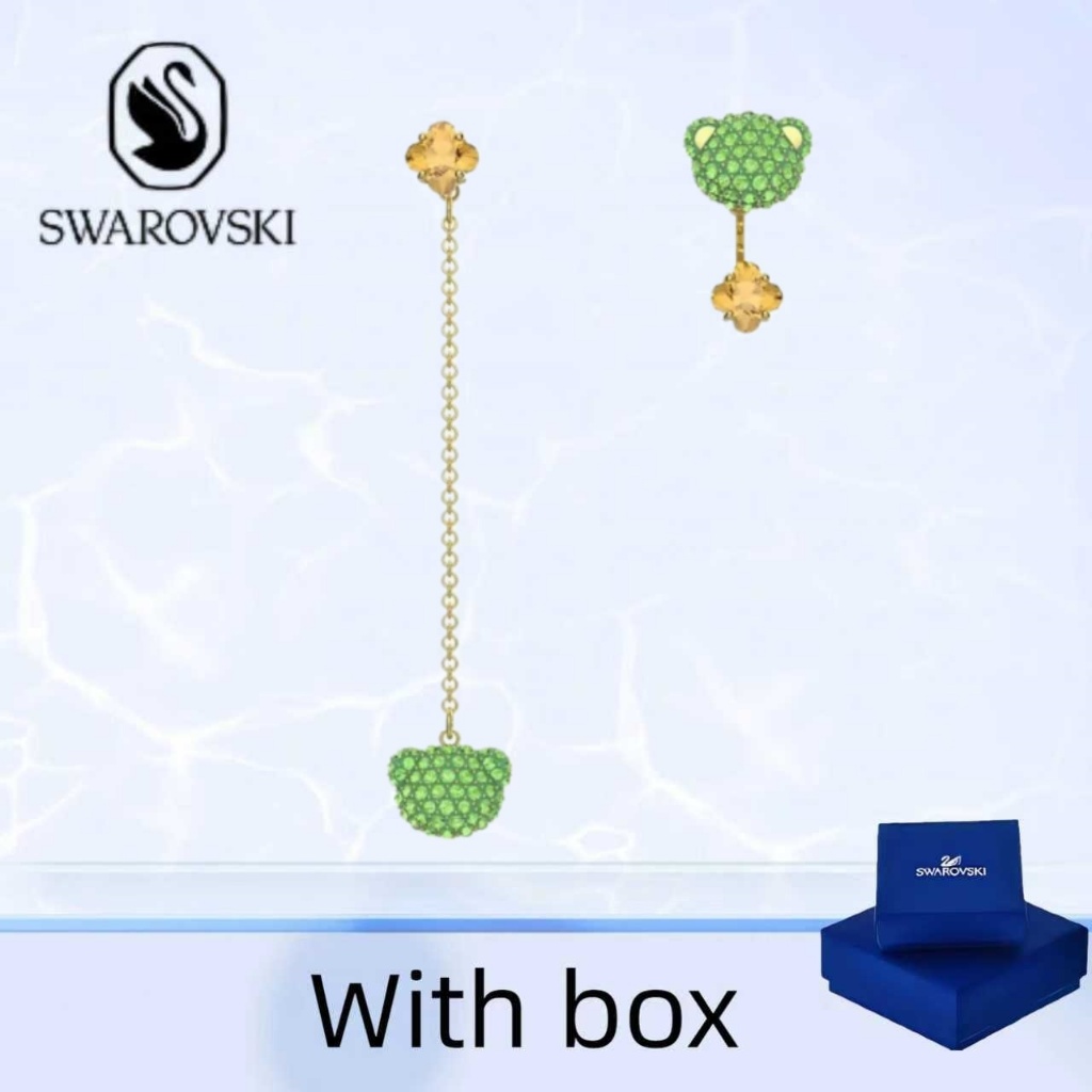 Swarovski (พร้อมกล่อง) ซื้อต่างหูเครื่องประดับเงินแท้ Swarovski Teddy Green Sparkling Heartrub Bear 