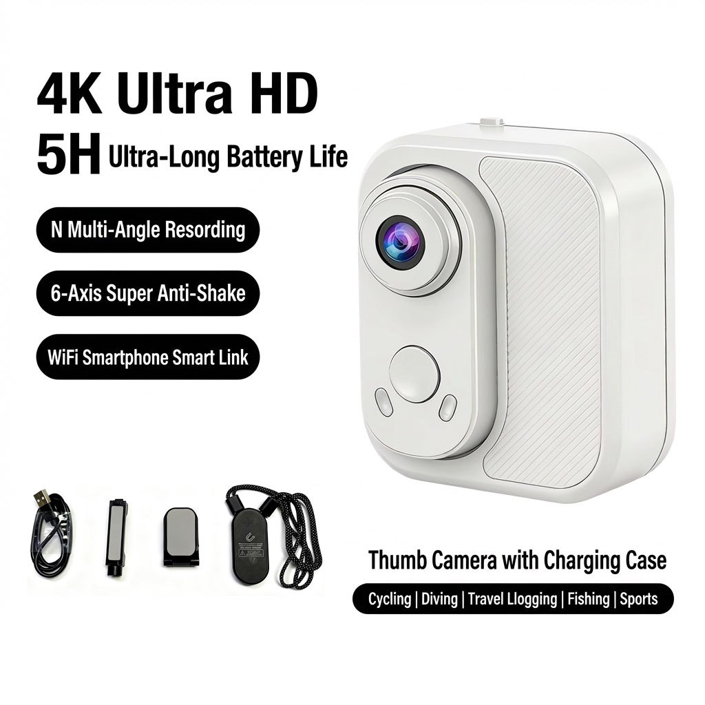 4K Mini Body Camera Thumb Size POV Cam Action Camera พร้อม WiFi, EIS Stabilization, เคสชาร์จแบบแม่เห