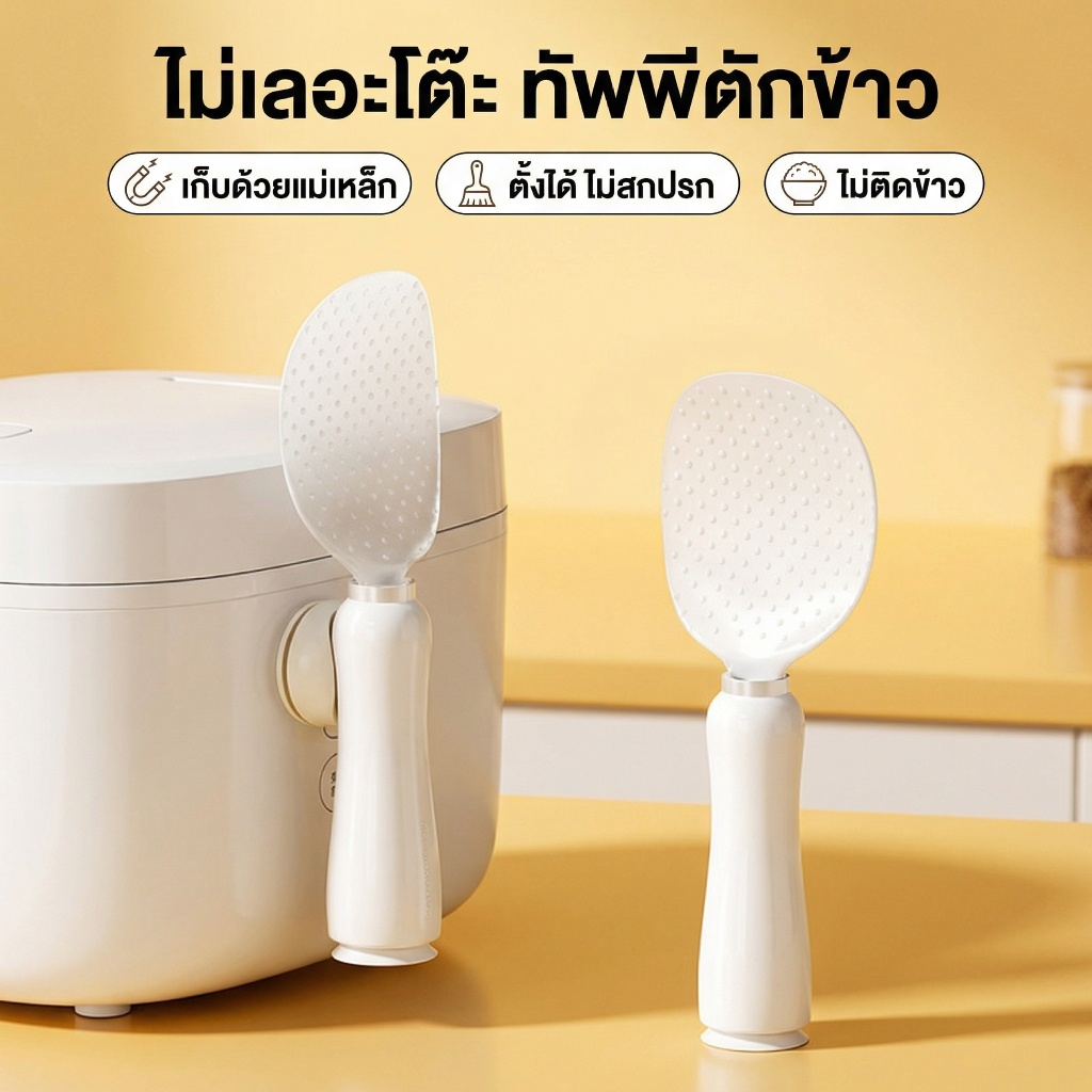 แก้วน้ําเกรดอาหารช้อนข้าวครัวเรือนแนวตั้งแม่เหล็กไม่ติดช้อนข้าวหนาหม้อหุงข้าวพลั่วข้าว
