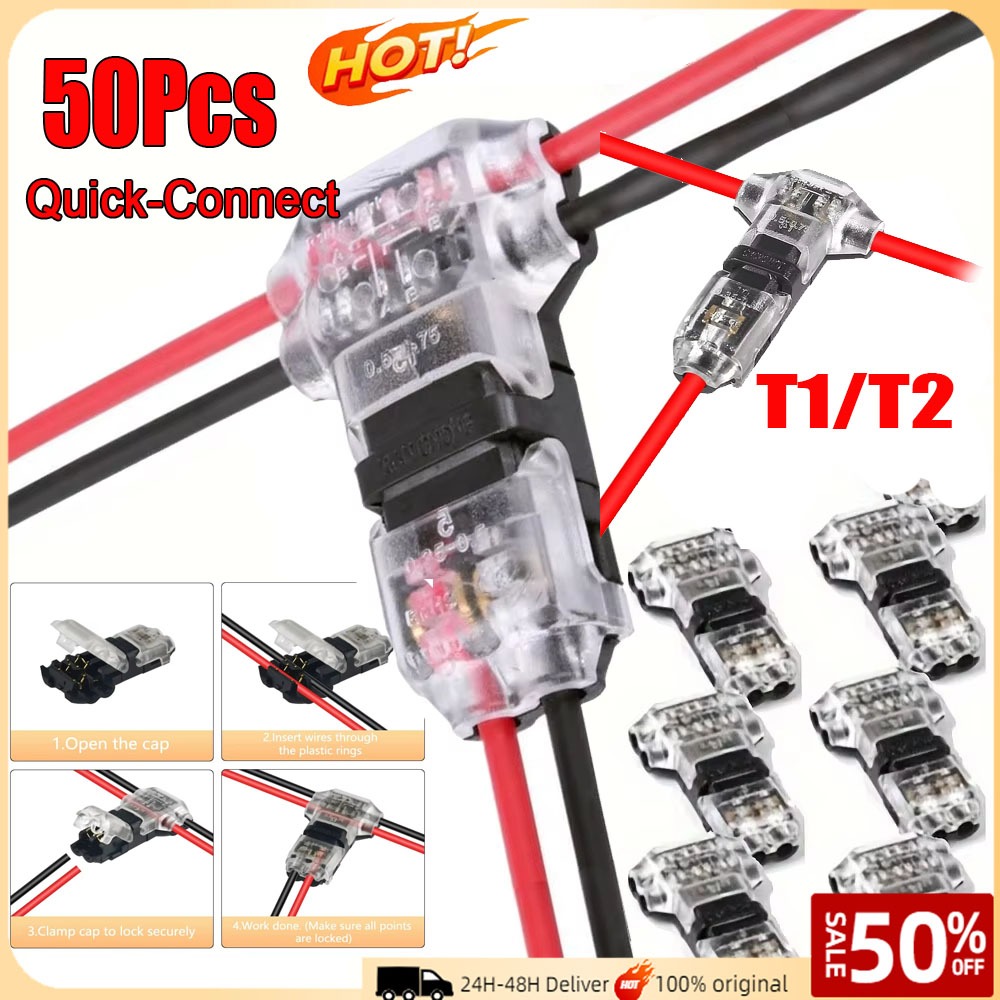 50 ชิ้น T1/T2 Quick Wire Connectors Quick Splice Terminals ไม่มี Crimping, ไม่มีบัดกรีสําหรับ 18-22A
