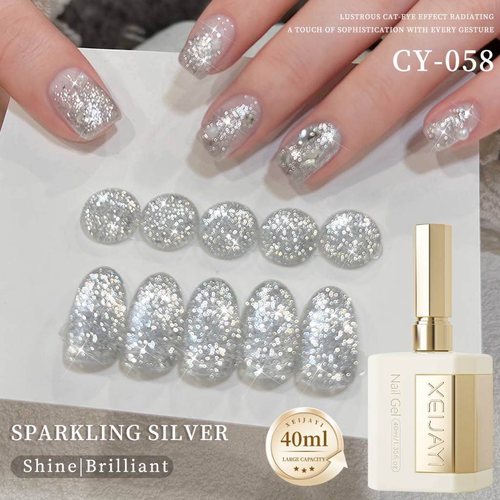 XEIJAYI 40ml-Silver สีทาเล็บเจลสะท้อนแสง, ลิปกลอสติดทนนาน, เหมาะสําหรับแต่งเล็บ DIY