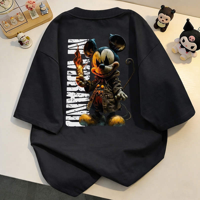 NFV เสื้อยืดคอกลมแขนสั้น แฟชั่นสไตล์เกาหลี ลายพิมพ์มิกกี้เมาส์จอมวายร้าย oversize ผ้านิ่ม ใส่สบาย สาวอวบ YG916