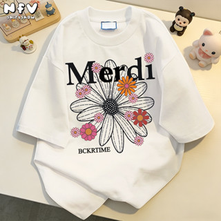 【จัดส่ง 24 ชม.】NFV 🌸 เสื้อยืดลายดอกไม้ ทรงหลวม ผ้าฝ้าย100% ใ…