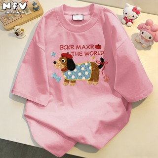 NFV เสื้อยืดแขนสั้นคอกลม💖แฟชั่นเกาหลี ลายพิมพ์หมาดัชชุนน่ารั…