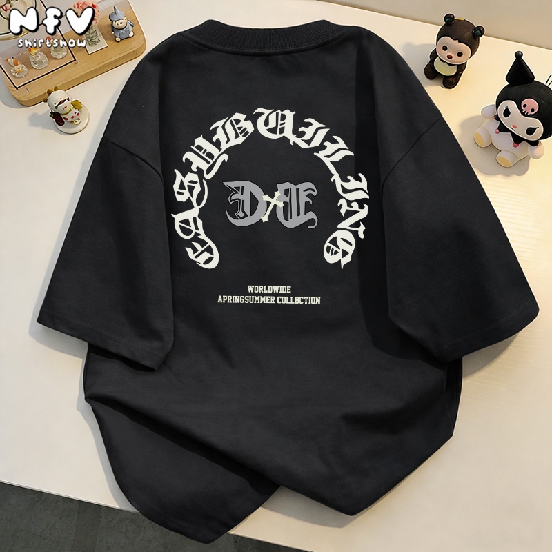 NFV เสื้อยืดแขนสั้นคอกลม💕โอเวอร์ไซซ์ ใส่สบาย ลวดลายแฟชั่น ผ้าคอตตอน 100% สไตล์เกาหลี เนื้อผ้านุ่ม ระบายอากาศ YG1079