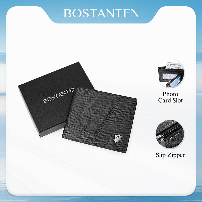 BOSTANTEN Axton กระเป๋าสตางค์ผู้ชาย หนัง PU ลายไขว้ โลโก้โลหะ พรีเมียม ใช้ได้ทุกวัน พร้อมกล่อง