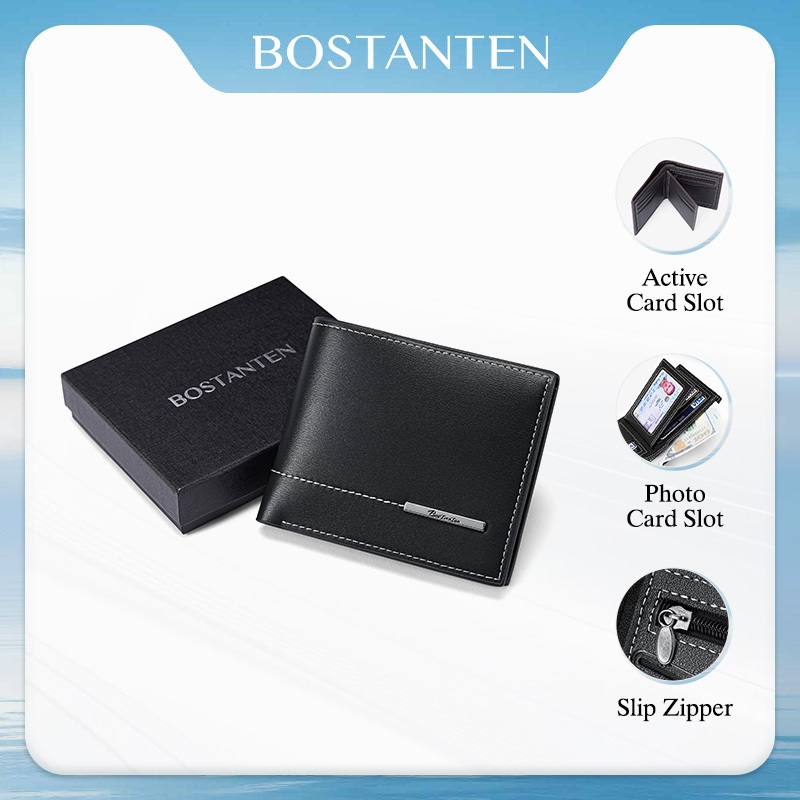 BOSTANTEN Arc กระเป๋าสตางค์ผู้ชาย หนัง PU ดีไซน์เรียบหรู ตะเข็บขาวตัด พรีเมียม เหมาะทุกการใช้งาน