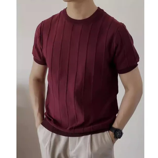 เสื้อถักแขนสั้นผู้ชาย คอลำลองสีทึบ คอกลม แบบหรูกาย