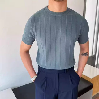 เสื้อถักแขนสั้นผู้ชาย คอลำลองสีทึบ คอกลม แบบหรูกาย