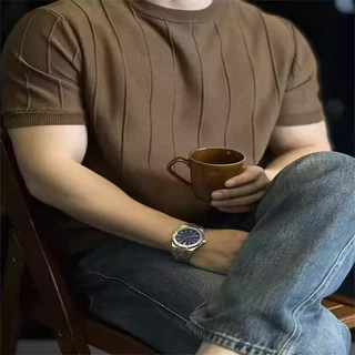 เสื้อถักแขนสั้นผู้ชาย คอลำลองสีทึบ คอกลม แบบหรูกาย