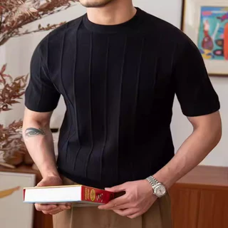 เสื้อถักแขนสั้นผู้ชาย คอลำลองสีทึบ คอกลม แบบหรูกาย