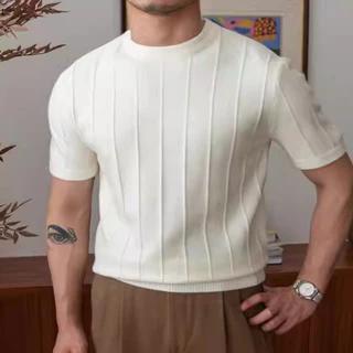เสื้อถักแขนสั้นผู้ชาย คอลำลองสีทึบ คอกลม แบบหรูกาย