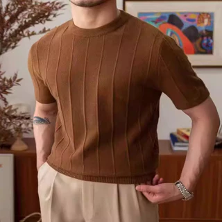 เสื้อถักแขนสั้นผู้ชาย คอลำลองสีทึบ คอกลม แบบหรูกาย