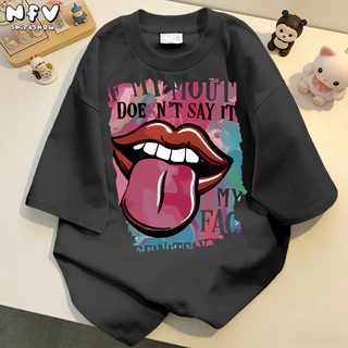 NFV ส่งจากไทย🌟พร้อมส่ง เสื้อยืดคอกลม ผ้าฝ้าย แขนสั้น โอเวอร์ไซซ์ ใส่สบาย รูปภาพลิ้นยื่น 100%cotton YG832