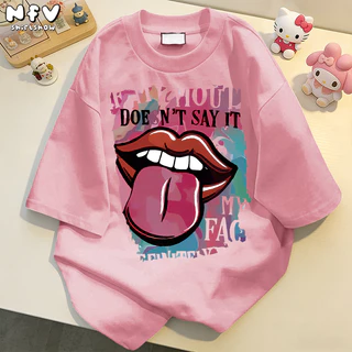 NFV ส่งจากไทย🌟พร้อมส่ง เสื้อยืดคอกลม ผ้าฝ้าย แขนสั้น โอเวอร์ไซซ์ ใส่สบาย รูปภาพลิ้นยื่น 100%cotton YG832