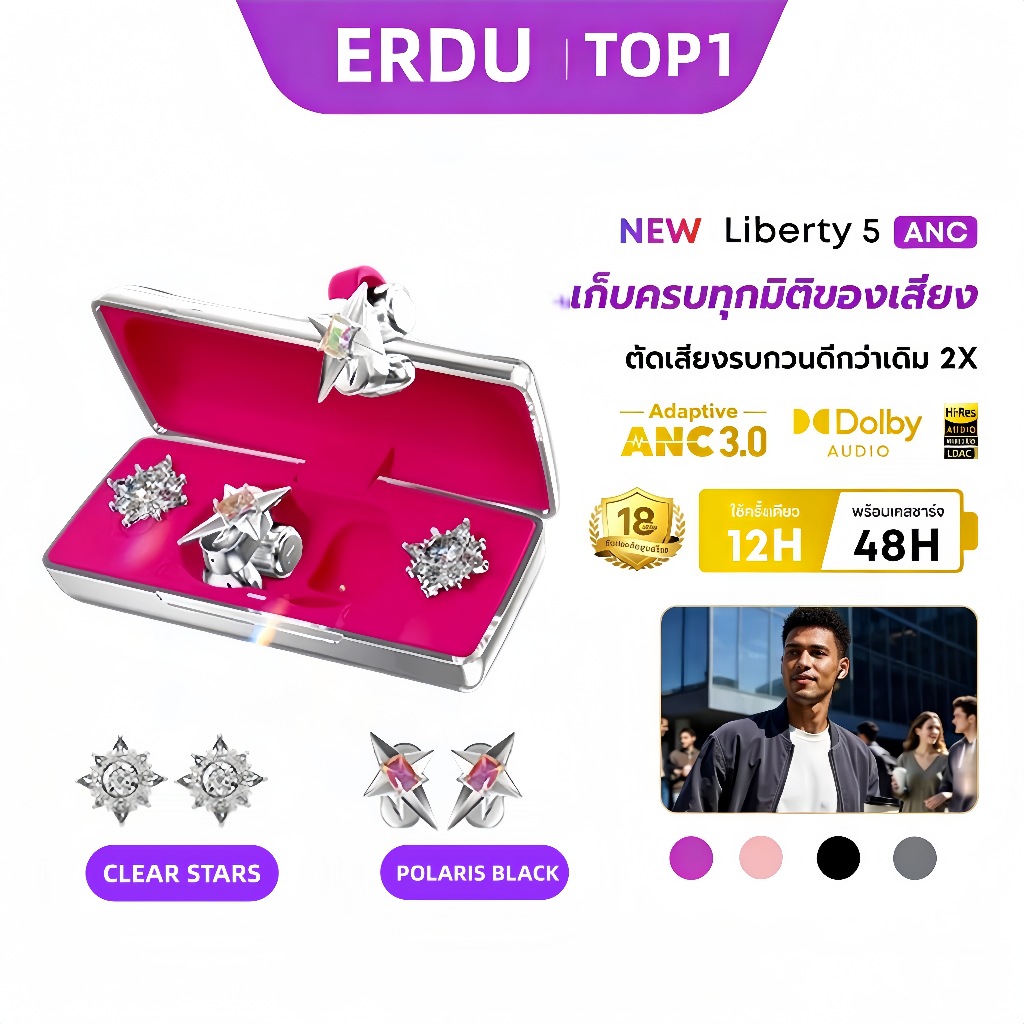 ERDU TWS หูฟังไร้สายระดับไฮเอนด์ | ANC Active Noise Cancellation | แบตอึดยาวนาน | กันน้ำ | Spatial A
