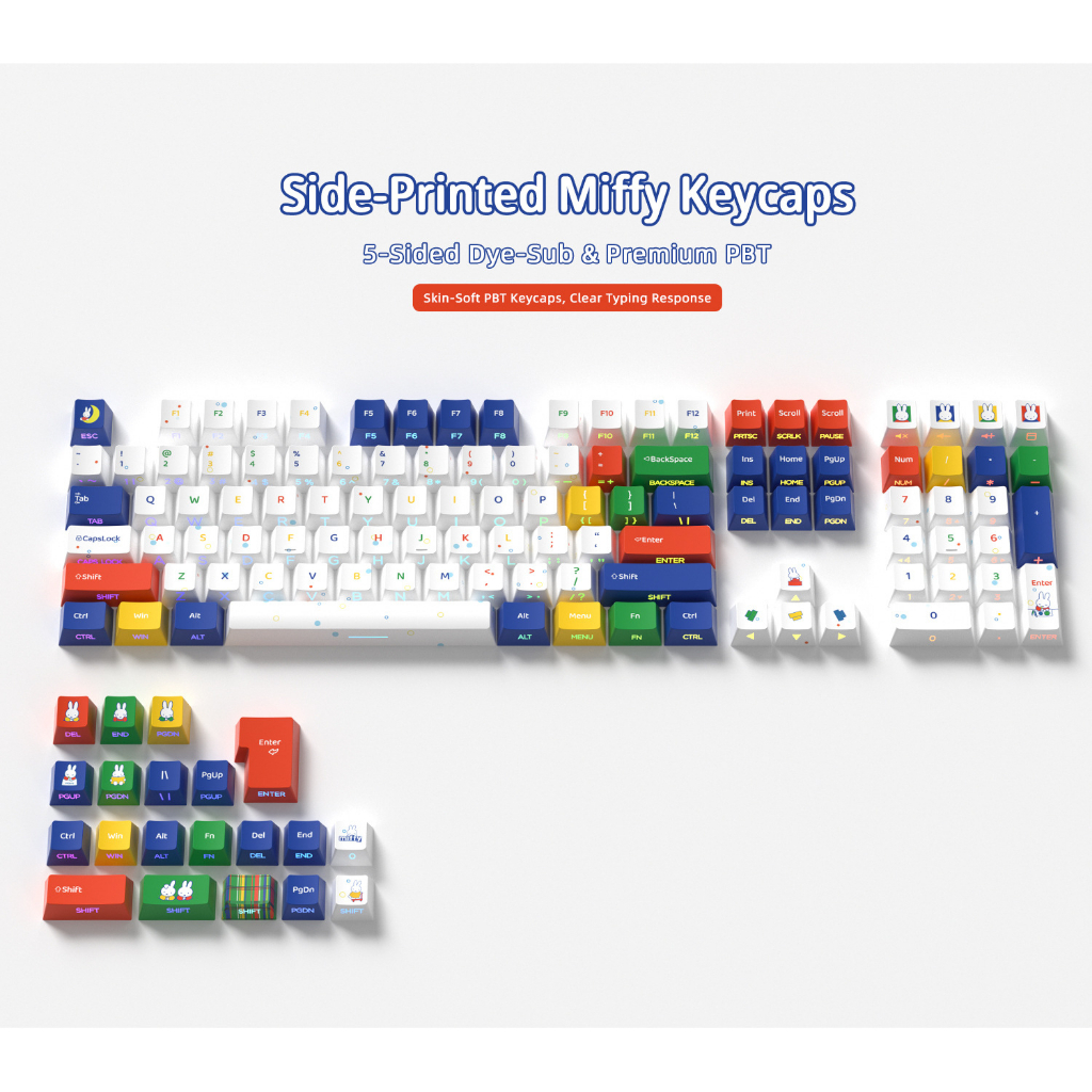 พิมพ์ Miffy ด้านข้าง Backlight Keycaps 128 คีย์ PBT วัสดุโปรไฟล์เชอร์รี่ DYE-SUB ส่วนบุคคล Keycap สําหรับ MX Switch คีย์บอร์ดเครื่องกล