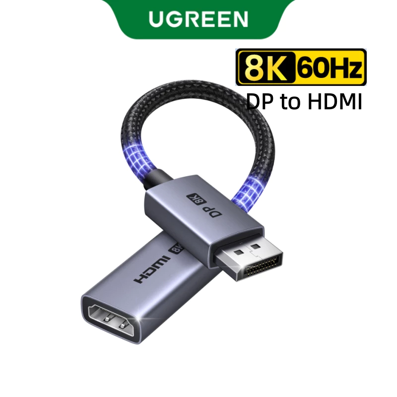 UGREEN อะแดปเตอร์ DP เป็น HDMI 8K @ 60hz, เปลือกวัสดุอลูมิเนียม 20 ซม. สายถักไนลอนสําหรับทีวี/พีซี/แล็ปท็อป