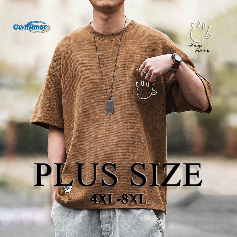 【4–8XL】เสื้อยืดวอฟเฟิลไซส์ใหญ่ ทรงลำลองมีกระเป๋า ลายยิ้มเท่ๆ ผ้าเบาสบาย ส่งจากกรุงเทพฯ